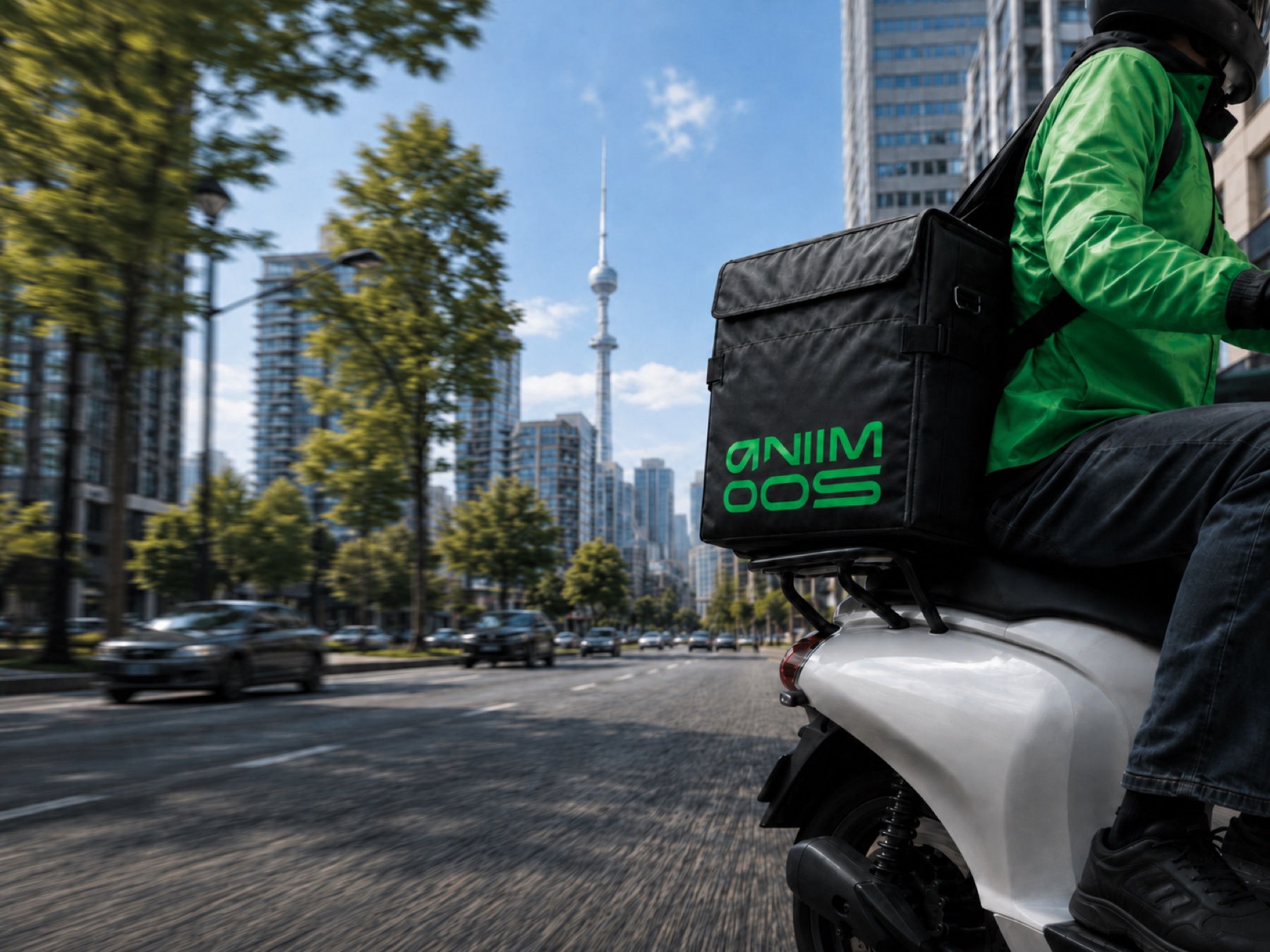 Entregador Animoos em movimento pela cidade, com a bag da marca