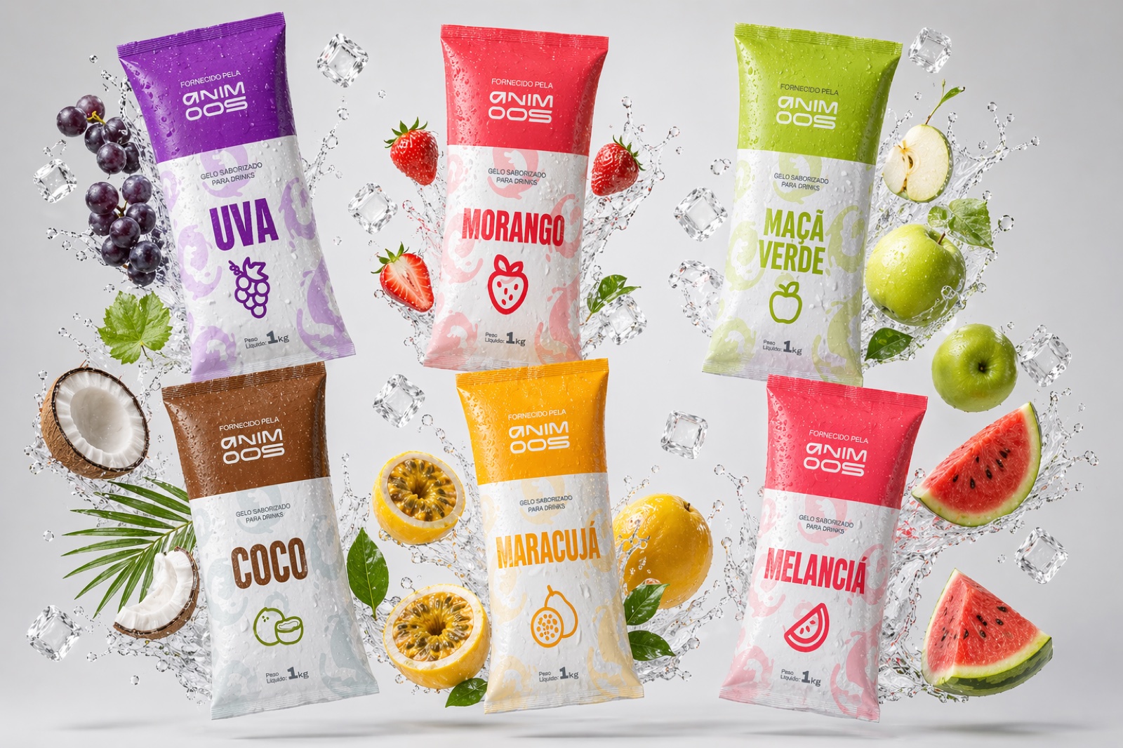 Os seis sabores Animoos em embalagem de 1 kg, com as frutas correspondentes